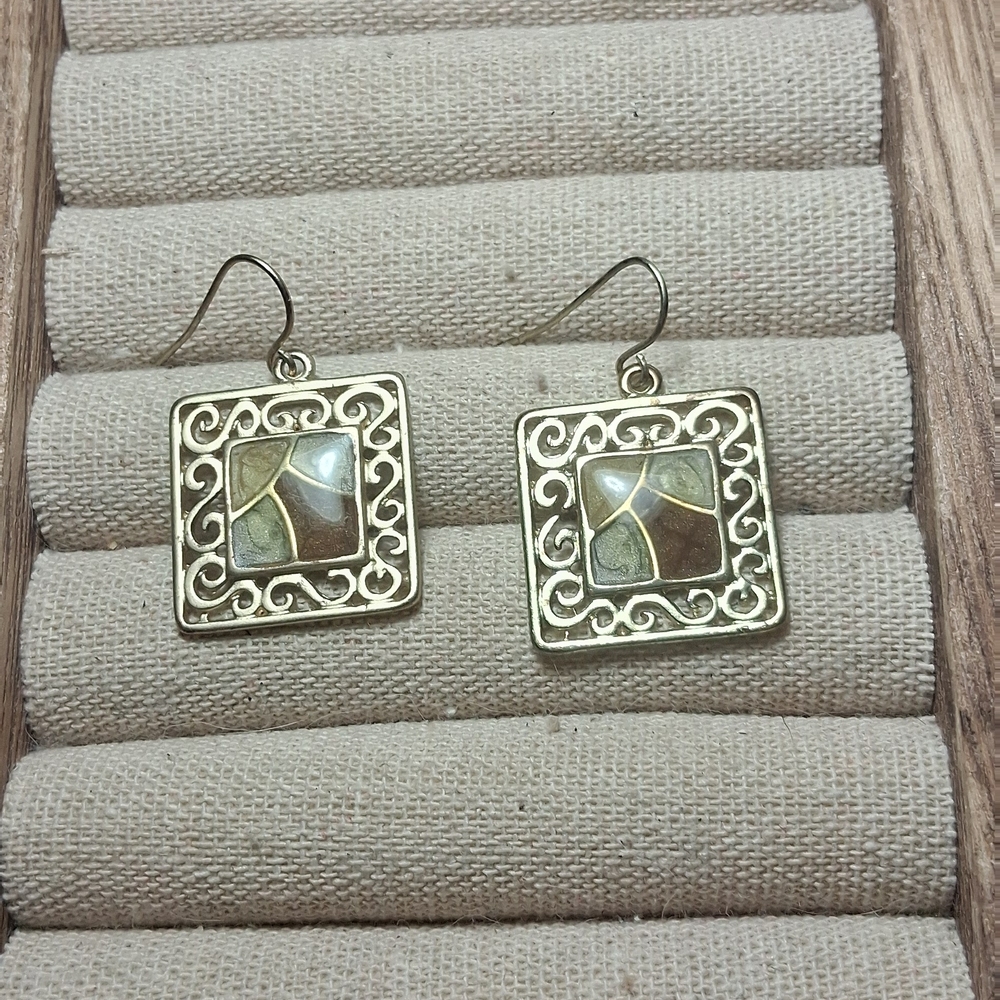 Gold-Tone Square Mosaic Drop Earrings - Multicolor Inlay